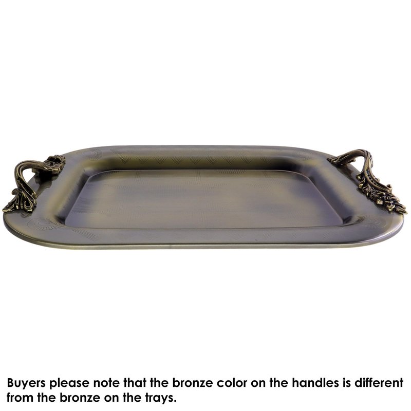 Maro Megastore 15.7 inch x 12.2 inch Oblong Iron Bronze Plated Serving Tray with Handles Stylish Design Floral Engraved Edge Decorative Party Wedding Dessert Buffet Wine Platter Plate FST-075