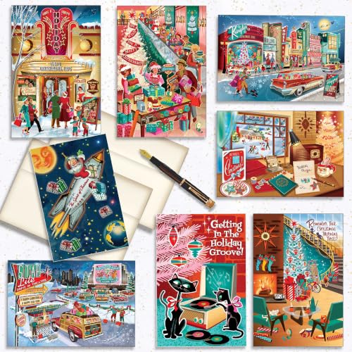 Retro Christmas Card Variety Pack - 8 Nostalgic Holiday Greeting Cards with Envelopes