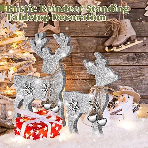 Sanwuta 2-Piece Reindeer Tabletop Decor – Wooden Elk Figurines with Silver Bell (Mother & Calf)