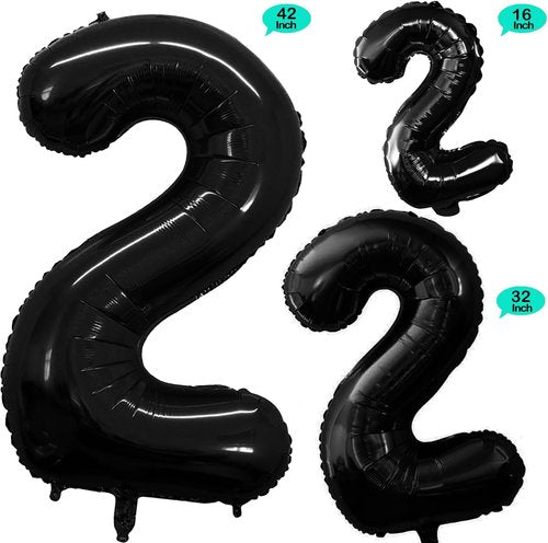 GOER Black Foil Number 2 Balloons - Giant 42 Inch, 32 Inch & 16 Inch for 2nd Birthday Party Decorations