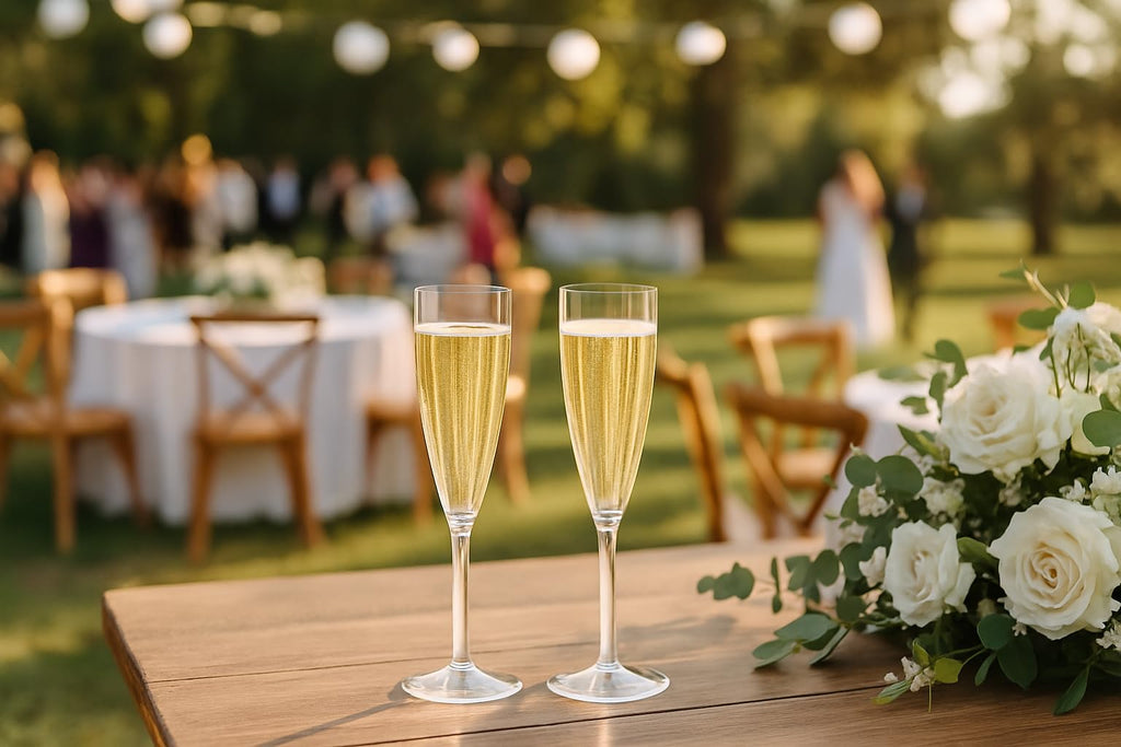 Oojami 6 Oz Plastic Champagne Glasses 24 Pack, Hard Disposable Plastic Champagne Flute Party Wedding Toasting Drinking Champagne Flutes (Gold Rim)