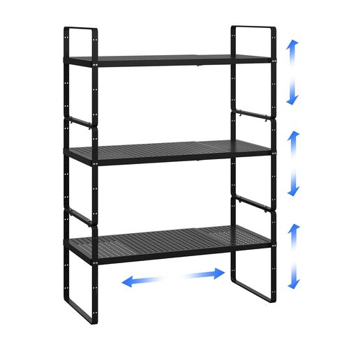 Expandable Cabinet Shelf Organizer Adjustable Metal Spice Rack Stackable Freestanding Counter Storage Shelves for Kitchen Cabinet Under Sink Office Desk (Black - 3Pack - L16.5-27'' * W8'' * H9.6'')