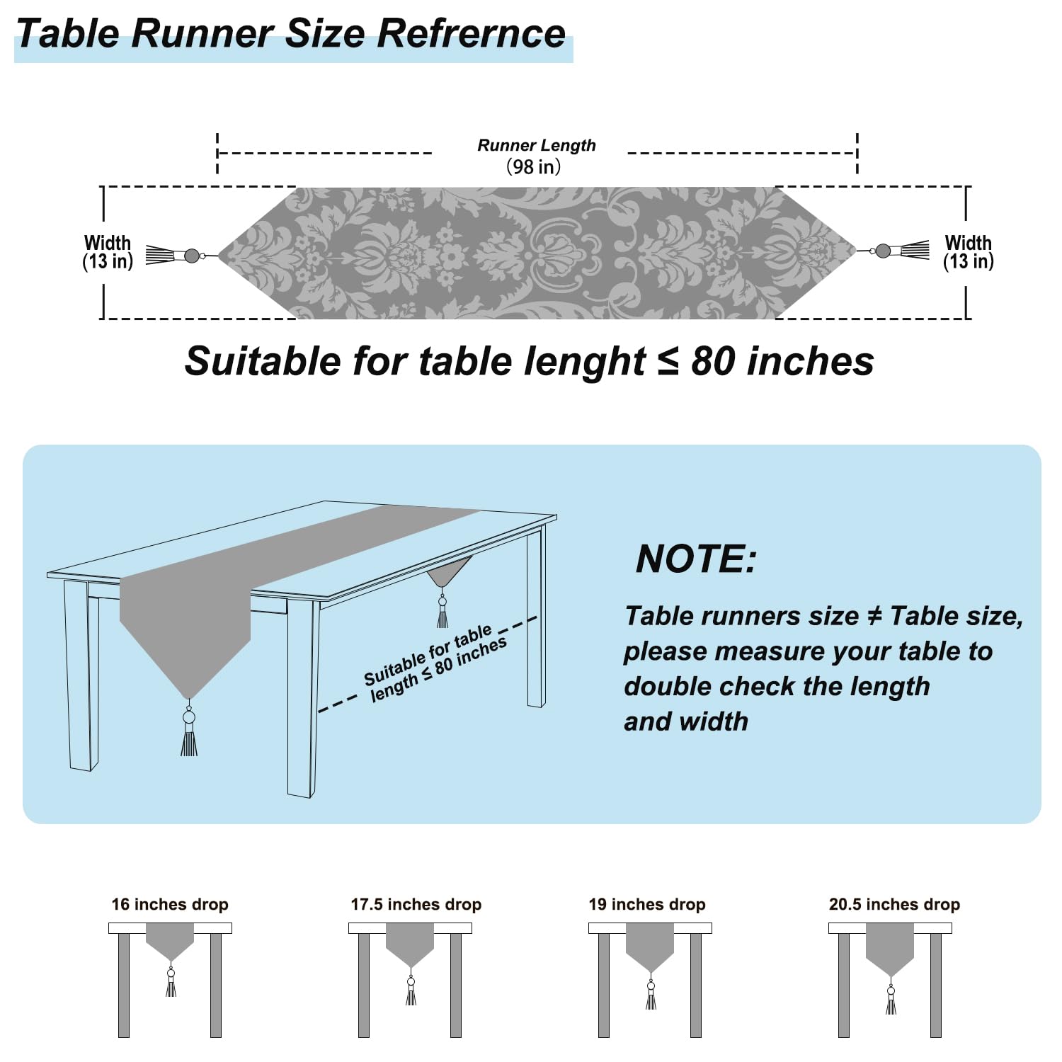 HeMiaor Luxurious Table Runners 98 inches Chenille Jacquard Fabric with Exquisite Hanging Ear Tassels Decoration for Wedding Decor Light Blue