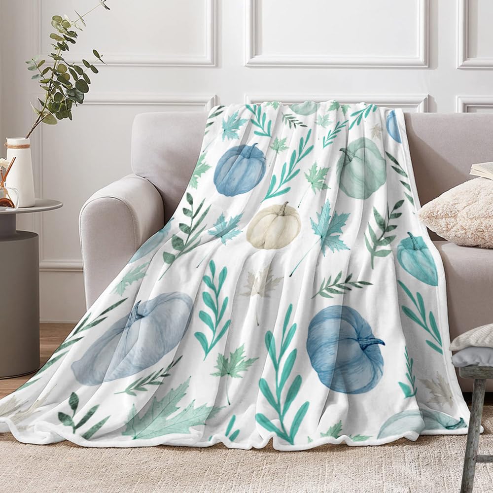 DYNH Fall Throw Blanket,Pumpkin Throw Blankets,Thamksgiving Fall Autumn Blue Orange White Teal Pumpkins and Leaves Cozy Soft Fleece Fuzzy Throw Blankets for Bed Couch Sofa Chairs