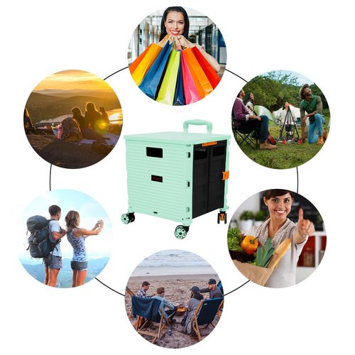FELICON SELORSS Foldable Utility Cart Folding Portable Rolling Crate Handcart with Durable Heavy Duty Plastic Telescoping Handle Collapsible 4 Rotate Wheels for Travel Shop Move Luggage Office(Green