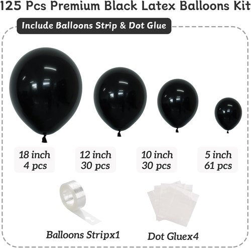 Black Balloons - 125 Pcs Latex Balloon Pack | 5-18 Inch Sizes for Birthday, Graduation & Party Decor