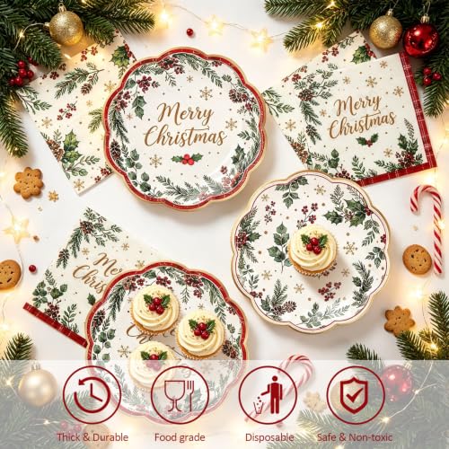 CENLBJ 100Pcs Christmas Plates & Napkins Set, Holly Berry Pine Cone 9in/6.5in - Vines Variation