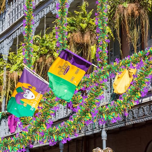Mardi Gras Tinsel Garland - 33ft Metallic Purple, Green & Gold Decor