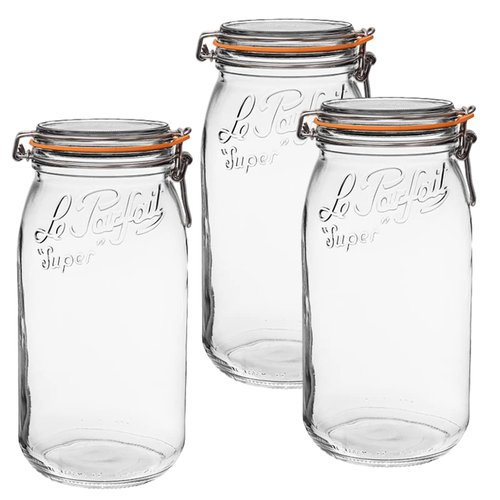 Le Parfait Super Jar - 3L French Glass Canning Jars, Wide Mouth, Airtight Lid (96oz/3 Quarts, 3 pk CP)