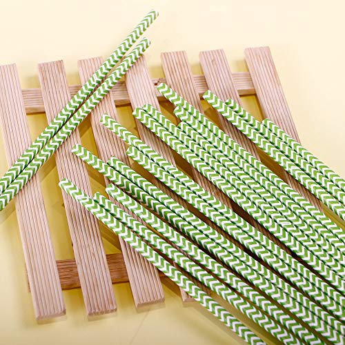 Webake Green Chevron Paper Straws 100ct 7.75in Biodegradable, Disposable, Wave Pattern