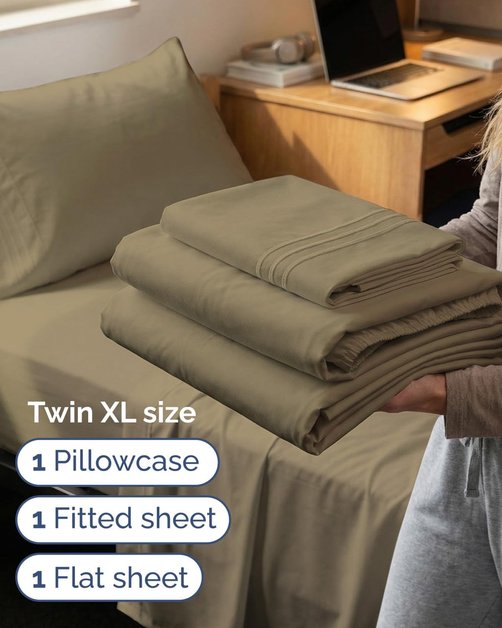 Skiennix Twin XL Sheet Set - Comfy Breathable Cooling Bedding - Ultra-Soft & Wrinkle-Free - Khaki