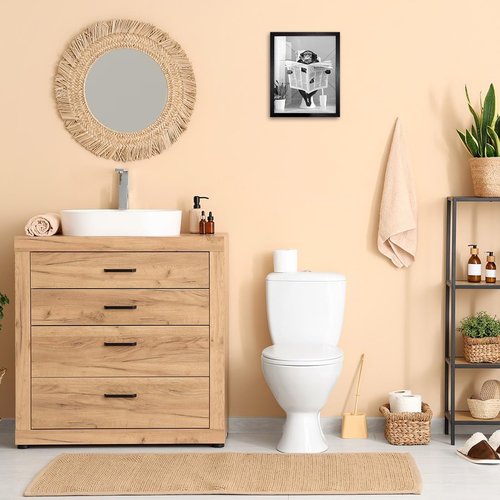 Biufo Monkey on Toilet Wall Art - Framed Canvas Print for Unique Bathroom Decor (8"x10")