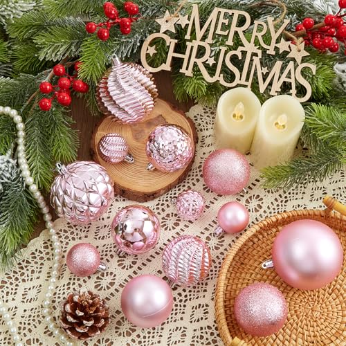 Jorysics Pink 36pc Shatterproof Christmas Ball Ornaments with Hanging Loop – 6 Styles in 3 Sizes