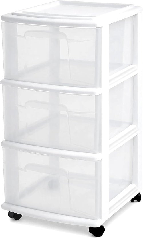 HOMZ 3-Tier Rolling Storage Cart - White Frame with Clear Bin Drawers for Home & Office Organization