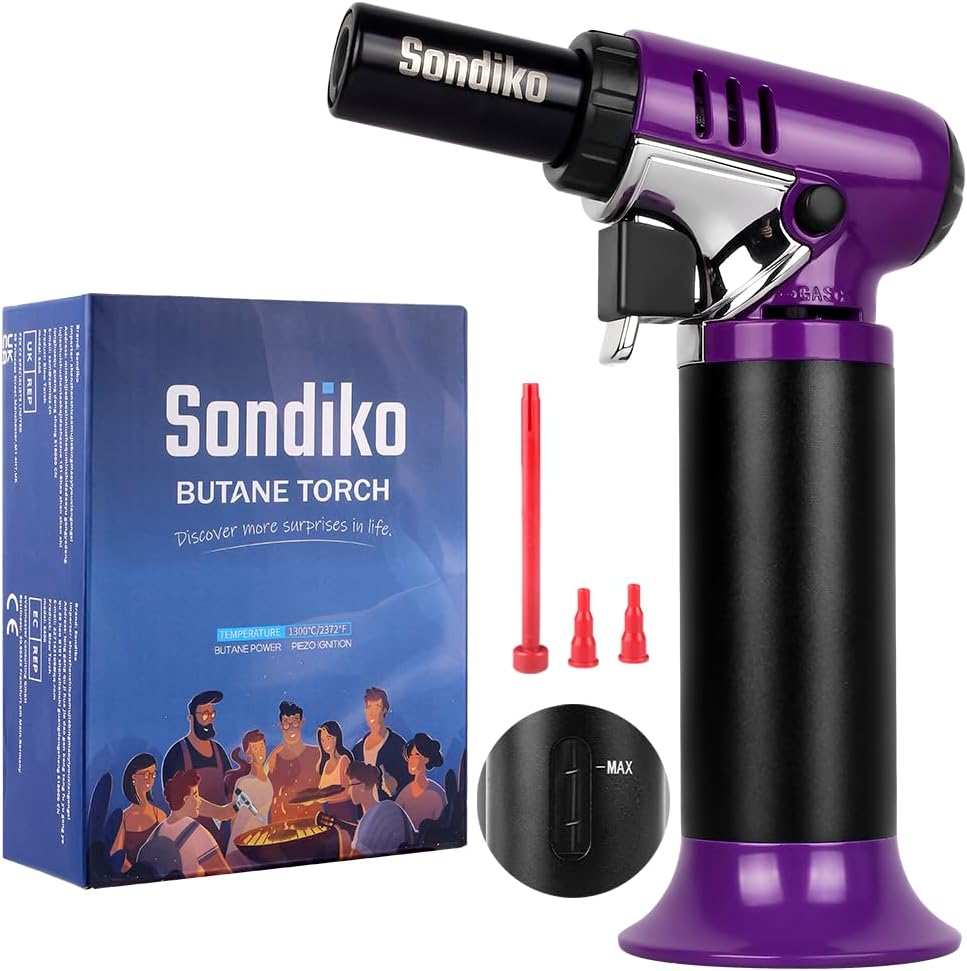 Sondiko Butane Torch - Refillable Soldering Lighter with Adjustable Flame | Purple & Black Design