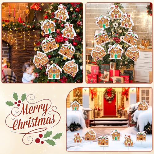 8 Pack Gingerbread House Christmas Ornaments with Tree Picks – Large 8.7x8.7in, 22cm