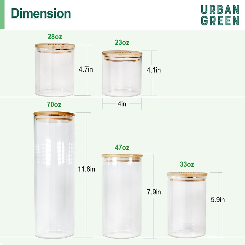 Urban Green Glass Jars with Airtight Lids, Airtight Glass Canisters set, Large Food Storage Containers with Wood Lids, 2 Pack of 100oz， Dry Food Pantry Jars, Flour Containers
