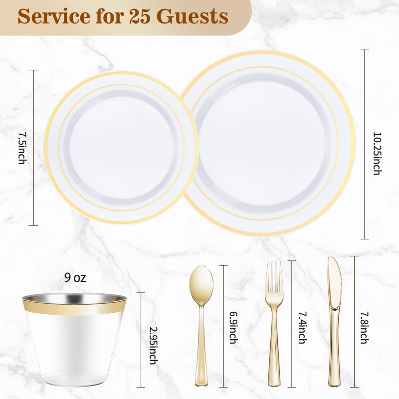 BESTVIP 150PCS Plastic Dinnerware Set (25 Guests), Gold Disposable Plates for Party, Wedding, Christmas, Anniversary, Includes: Dinner Plates, Dessert Plates, Cups, Spoons, Forks and Knives