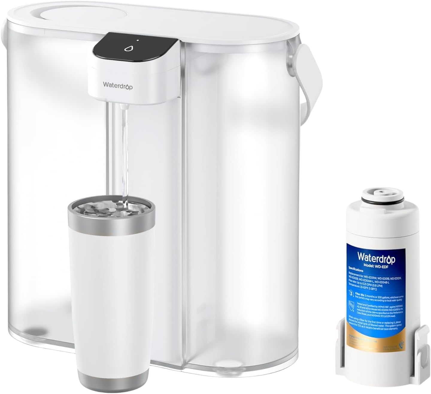 Waterdrop Electric Water Filter Pitcher - 200-Gallon Rechargeable Dispenser | 14-Cup, White, Reduces PFOA/PFOS, Lead, Chlorine
