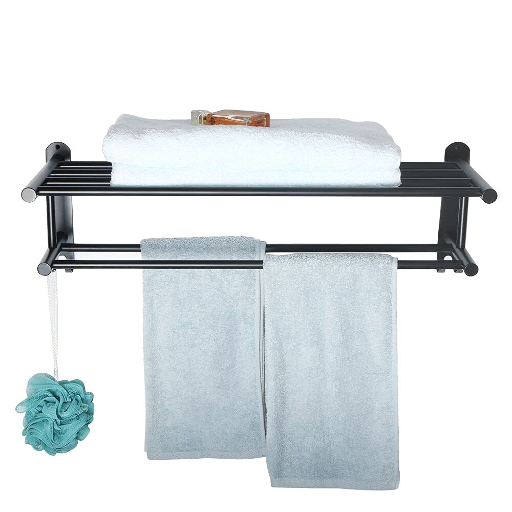 Alise Bathroom Towel Rack Towel Shelf with Two Towel Bars and Double Towel Hooks Wall Mount Towel Holder,SUS 304 Stainless Steel Matte Black GY6000-B