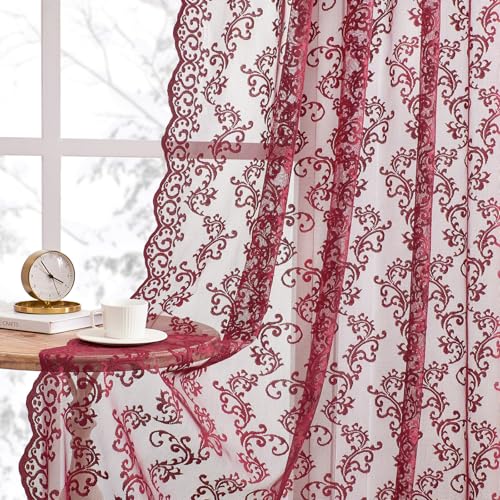 Burgundy Lace Curtains 84 Inches Long - 2 Panels Light Filtering Drapes
