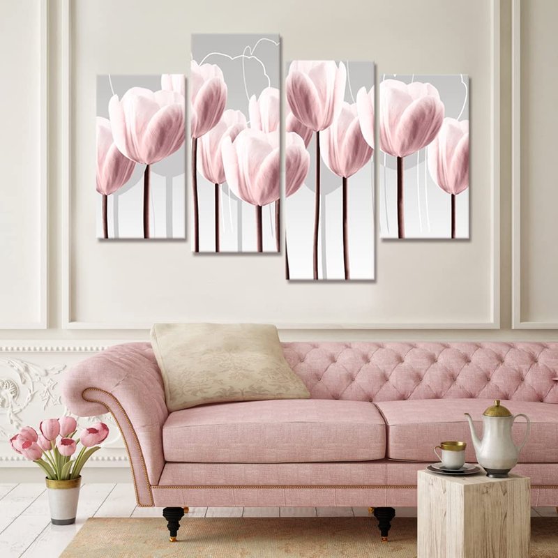 Visual Art Decor Floral Canvas Wall Art Pink Tulip Wall Decor, Pink Flower Painting Living Room Bedroom Home Wall Decoration Framed Artwork 34inx48in