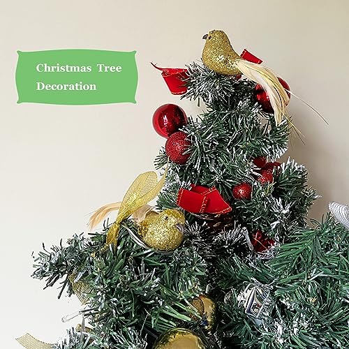 12pcs Gold Glitter Birds Christmas Tree Ornaments Clip-On Feathered Decorations