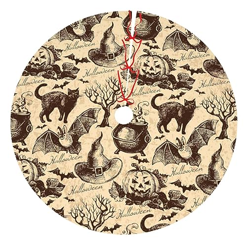 Vintage Halloween Black Cat Bat Witch Christmas Tree Skirt Floor Mat