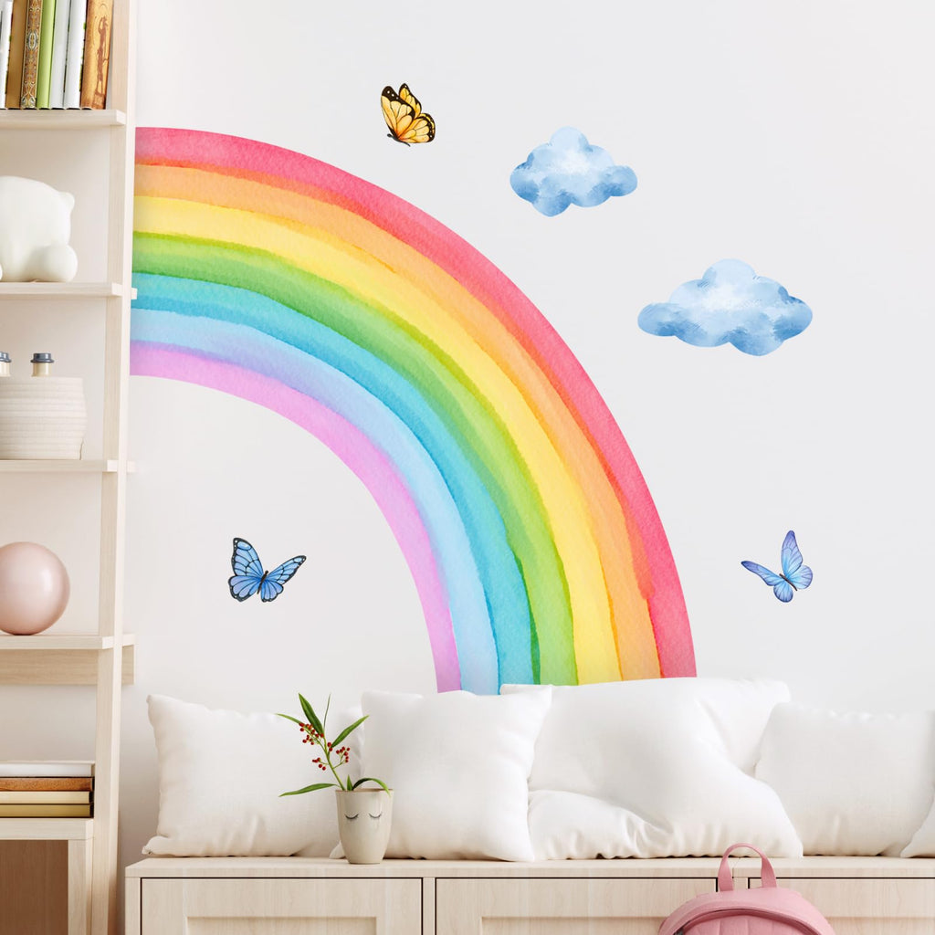 Supzone Large Rainbow Cloud Butterfly Wall Stickers Toddlers Girl Bedroom Wall Decals DIY Vinyl Mural Art for Baby Nursery Bedroom Playroom Home Decoration