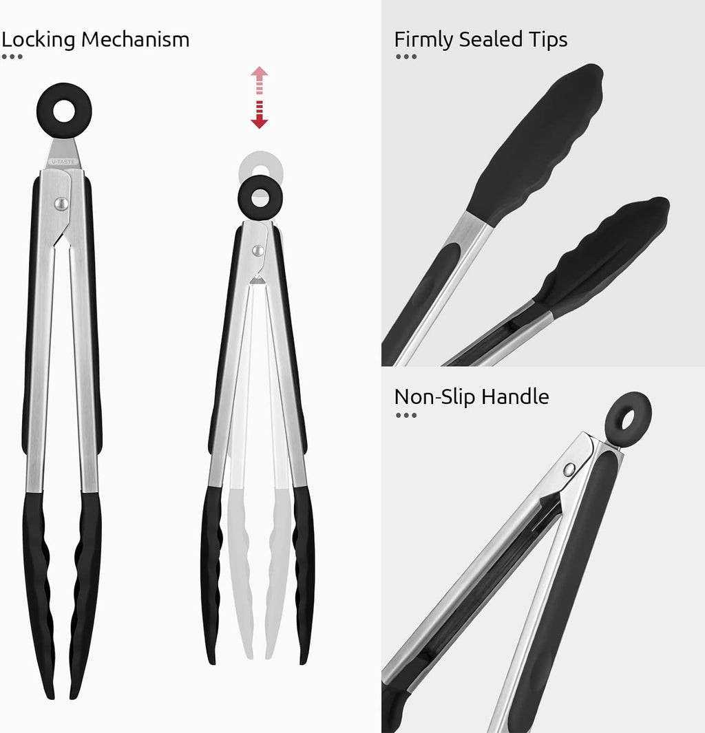U-Taste Kitchen Tongs - 9 Inch Heat Resistant Silicone Cooking Tongs with Non-Stick Tips & Stainless Steel Handle | Black