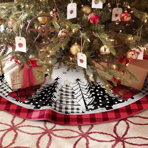 48-Inch Red and Black Buffalo Plaid Christmas Tree Skirt - Holiday Mat