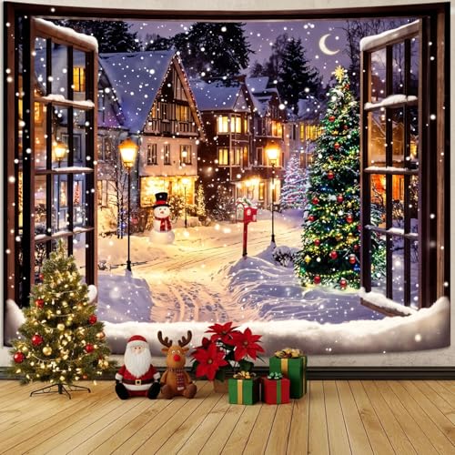 Art Deco Christmas Landscape Tapestry Wall Hanging - Snowmen Scene, 80x60 Inches