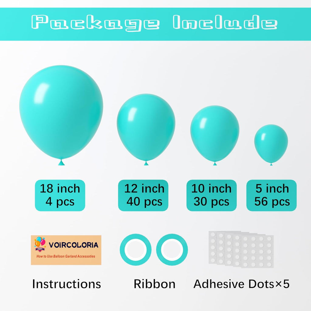 Voircoloria Teal Balloons - 130-Piece Set in Various Sizes for Baby Showers, Weddings & Birthdays