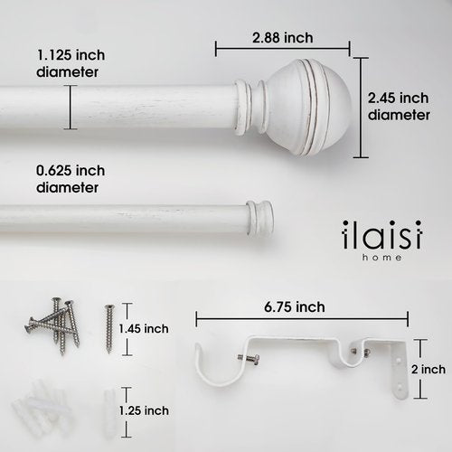 ILAISIHOME 1-1/8 Inch Diameter Farmhouse Style White Curtain Rods with Round Finial, 72-144 inch Telescoping Double Rod for window width 68-140 inch, 1 pack