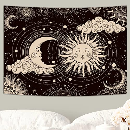 Sun and Moon Wall Tapestry - Aesthetic Black Wall Hanging (51.2" x 59.1")