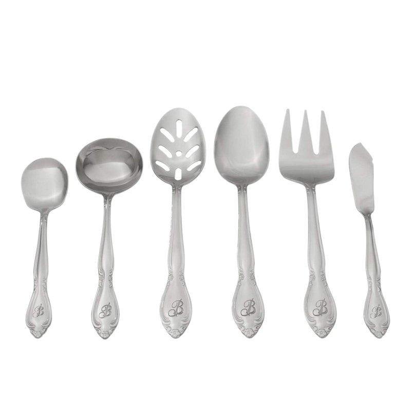 RiverRidge Rose Monogrammed Flatware Set 46 Piece Silverware - H - Utensils Set with Serving Pieces, Heavy Gauge Stainless Steel, Mirror Finish, Dishwasher Safe Cutlery for Daily Use