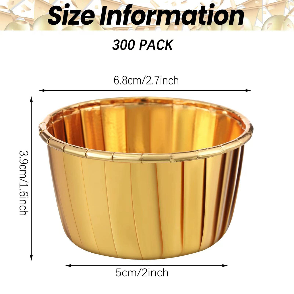 Gandeer 300 Pack Gold Cupcake Liners Bulk Disposable Foil Muffin Cups 3.5 oz Wrappers for Baking Aluminum Paper Mini Metallic Disposable Holiday Party Wedding Festival Supply