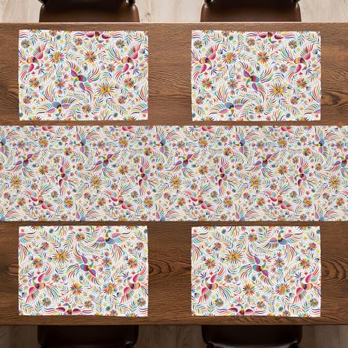 Ambesonne 4 Placements + 1 Runner Set 16x72in Red Cream - Mexican Nature Pattern
