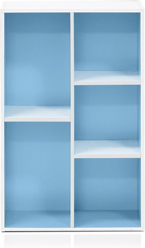 Furinno LUDER 5-Cube Bookshelf - Reversible Design, Easy Assembly | White & Light Blue, 9.4 x 19.5 x 31.5