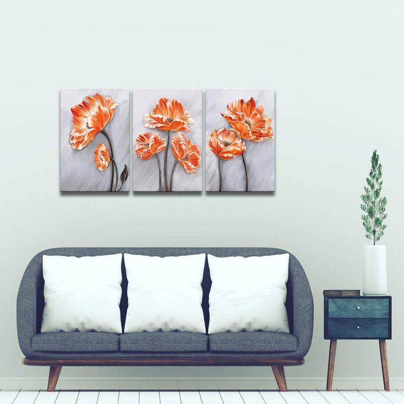 Derkymo 3 Pieces Orange Poppies Picture Elegant Flower Canvas Painting Beautiful Floral in Grey Artwork for Living Room Bedroom Framed Ready to Hang 16"x24"x3pcs