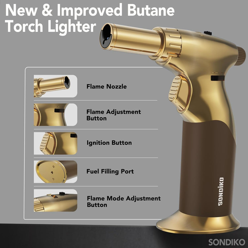 Sondiko Dual Style Butane Torch Lighter - Adjustable Flame Size & Continuous Flame Lock | Gold Finish