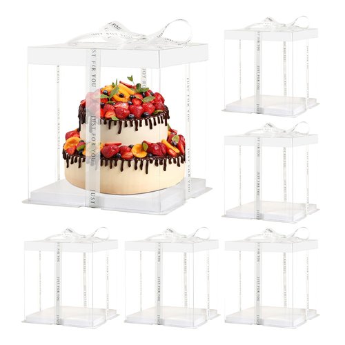 JCD 6 Pcs 2-Layer Tall Cake Packaging Boxes,8x8x9in Clear Cake Box with Ribbon,PET Cake Carrier Transport Container for Tiered Cake (White Lid, 8 * 8 * 9inch/6Pcs)