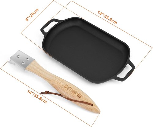 Mimiuo Cast Iron Sizzler Pan - 14 Inch Non-Stick Fajita Skillet with Removable Handle for Grilling