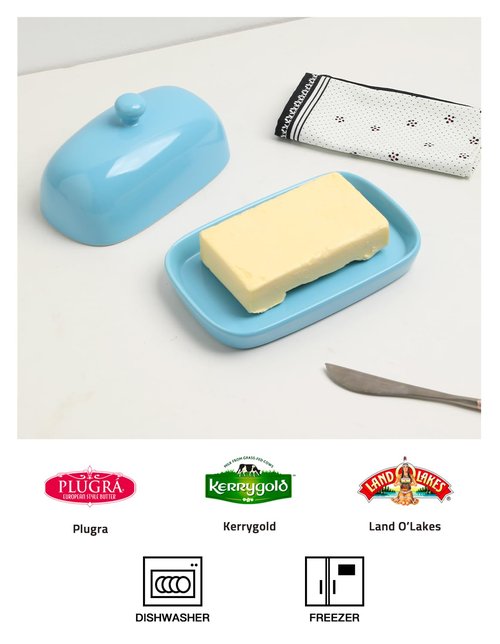 Sweejar Ceramic Butter Dish with Lid for Countertop,Porcelain Butter Keeper with Knob Handle,Butter Container for East/West Coast Butter, 7.1*3.7 inches (Steel blue)