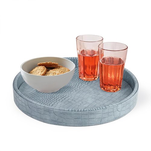 HofferRuffer Faux Leather Round Serving Tray, Vegan Croco Leather Decorative Tray, Food Tray for Storage Drinks, Snack & Cosmetics, Dia.12'' x 1.6'' (LightBlue)