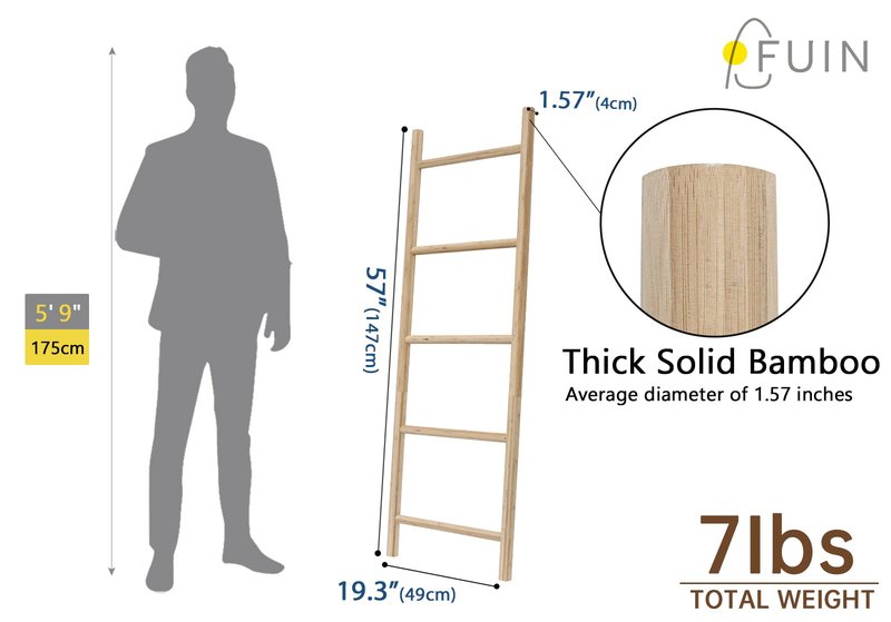 FUIN Fully Assembled 57in Bamboo Blanket Ladders Living Room Wood Decorative Wall Leaning Farmhouse Quilt Display Holder Rustic Wooden Towel Rack for Bathroom, Unfinished
