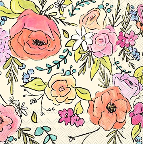 Boston International 3-Ply Cocktail Napkins 20 Count Flower Pattern 5x5 Inches - Cream