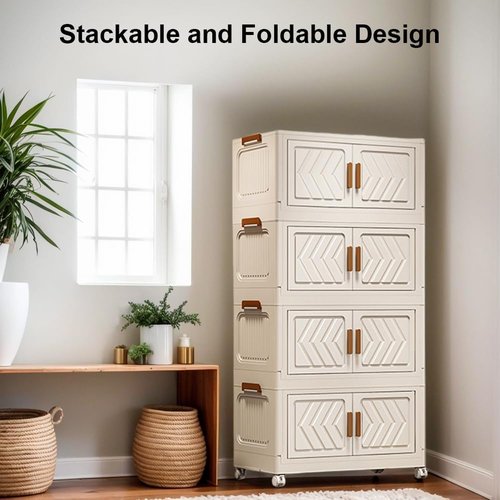 ETOYA 4-Tier Stackable Storage Bins - Collapsible Organizer with Lids & Wheels | 14.96"x10.24"x35.43" Plastic Containers for Home & Office