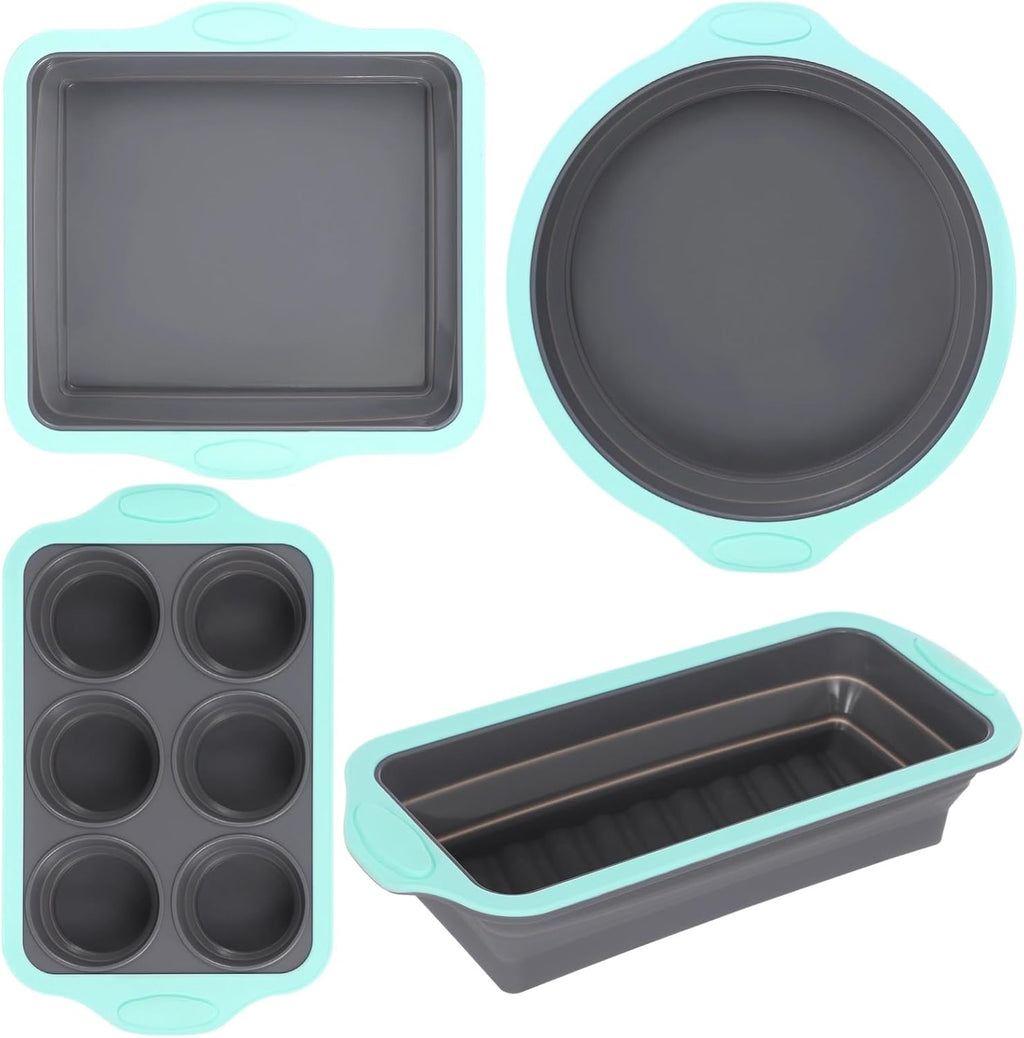 Skiennix Silicone Baking Pan Set - 4PCS Nonstick Stackable Pans with Grip Handles & Metal Reinforcement | Ideal for Muffins, Loaves, Cakes