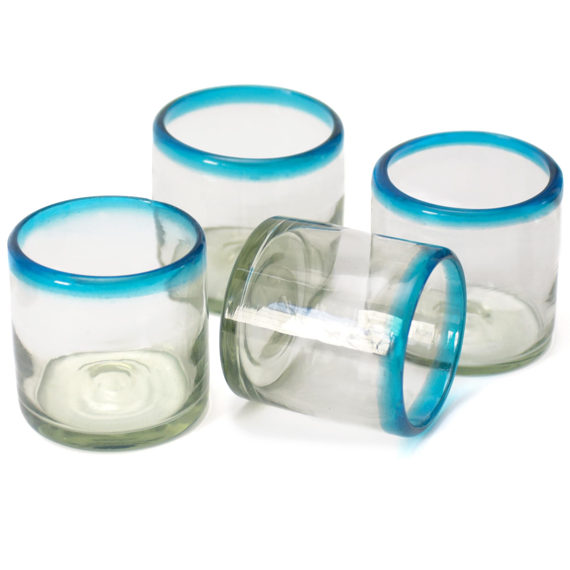 Hand-Blown Cocktail Glasses From Mexico – Set of 4 Lowball Rocks Glasses | Authentic Handcrafted 12 oz Old Fashioned Cocktail Glasses | Mexican Kitchen & Barware Gift Set | Blue Rim